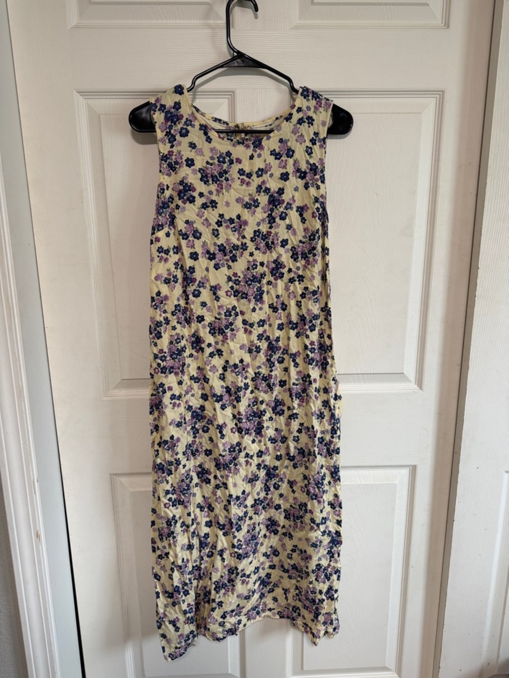 Sleeveless Yellow Floral Midi Dress with Purple Flowers